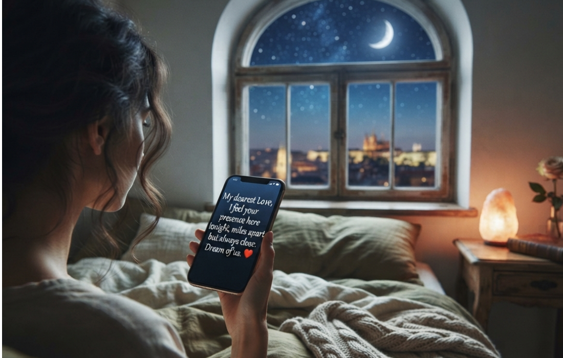 A woman in a cozy bed holding a smartphone that displays a romantic long-distance good night message, with a starry night sky outside the window.